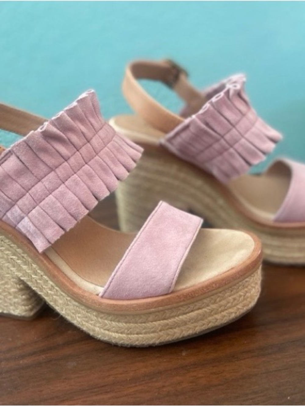 UGG Pink Suede Pleated Ankle Strap Platform Sandals